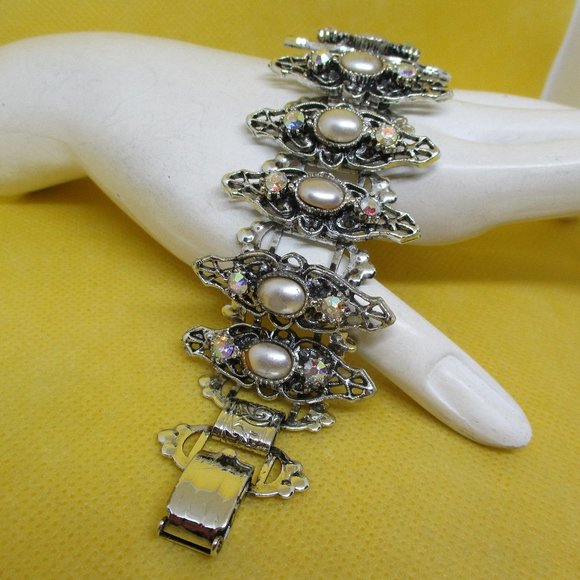 VICTORIAN REVIVAL RHINESTONE Bracelet A B Rhinestone Faux Pearl Filigree Silver - Picture 1 of 16